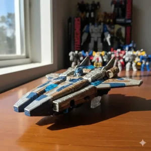 A detailed shot of Vector Prime, the ancient Guardian of Time, a fan-favorite figure from the Transformers Cybertron toys line, in his spaceship mode.