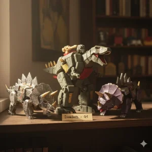 A collection of original vintage Transformer toys Dinobots, including Grimlock, Snarl, and Slug, in their fierce dinosaur alternate modes.