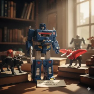The vintage G1 Soundwave action figure, a cassette player, with his classic mini-cassette henchmen, Ravage and Laserbeak.
