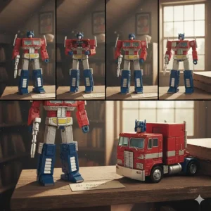 An animated GIF or panel showing the steps of transforming the vintage Optimus Prime toy from robot to truck cab mode, illustrating the classic G1 engineering.