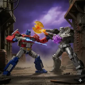 Detailed shot of Siege Optimus Prime and Siege Megatron figures in a dramatic battle pose, representing the start of the War for Cybertron toys.