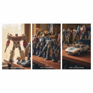 A visual guide or diagram showing three main steps of transforming a War for Cybertron toy, like Earthrise Wheeljack, from robot to vehicle mode.