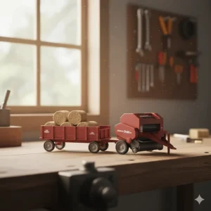 A set of miniature farm equipment: a detailed 1/64 scale hay baler attached to a wagon, ready for farm simulation play.