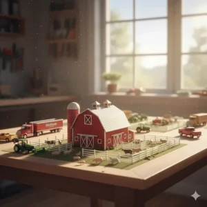 An intricate farm diorama featuring a wooden barn, miniature fencing, and several 1/64 scale farm toys like cattle and trucks, creating a realistic scene.