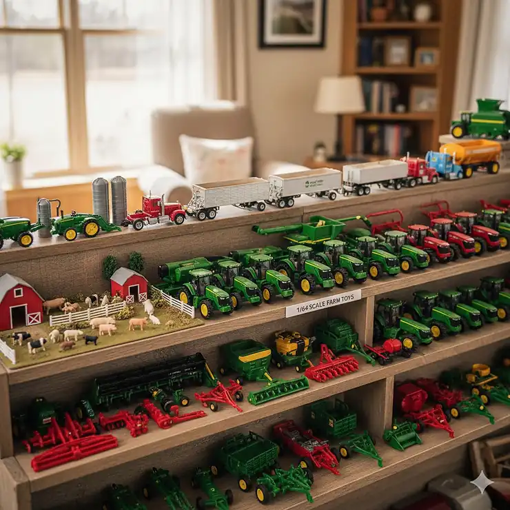 A wide collection of detailed 1/64 scale farm toys displayed on a wooden shelf, including tractors, combines, and various implements, perfect for collectors.