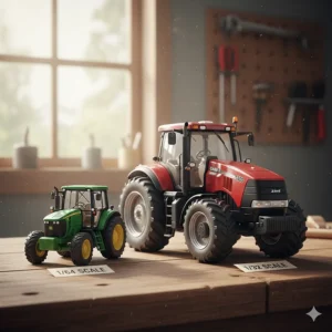 A comparison of two toy tractors side-by-side to illustrate the size difference between the smaller 1/64 scale and the larger 1/32 scale farm toys.