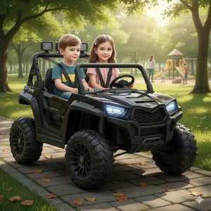 Two siblings sitting side-by-side in a large 24v ride on toy UTV with safety belts.