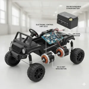 Diagram showing the dual motor setup and rechargeable battery of a 24v ride on toy.
