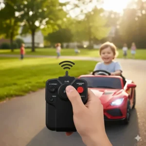A parent holding a 2.4G wireless remote control used to steer a 24v ride on toy car.