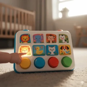 An educational board toy that makes animal noises when pressed, categorized under sound toys for babies.