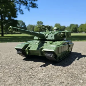 The large, imposing Armada Megatron Decepticon figure shown in his green tank alternate mode with the cannon deployed.