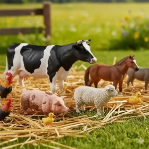 An assortment of realistic plastic farm animal toys, such as cows, pigs, and sheep, used for educational play.