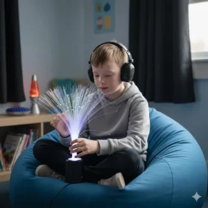 A student using a fiber-optic light-up toy in a classroom sensory corner for relaxation.