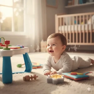 An illustration showing a baby reacting to auditory stimuli from various sound toys for babies.