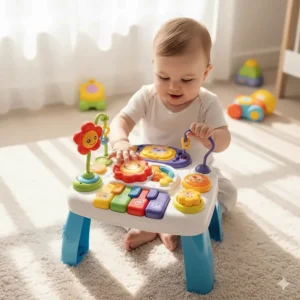 An overhead view of a multi-sensory activity table featuring buttons and sound toys for babies.