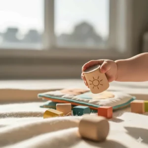Close-up of a baby's hand holding a wooden shaker, part of a set of sound toys for babies.