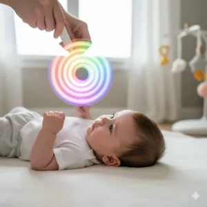An infant practicing visual tracking while playing with a spinning light-up wand.