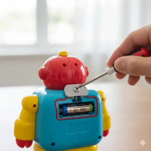 A diagram showing a secure, screwed-down battery compartment on a child's light-up toy for safety.