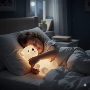 A peaceful illustration of a child hugging a soft light-up toy that glows gently at bedtime.