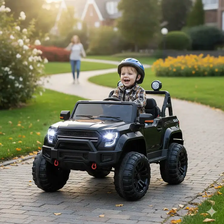 A young child driving a powerful 24v ride on toy truck on a paved driveway. 24v ride on toys