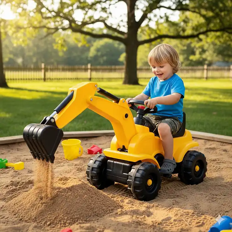 A young child operating a yellow sit-on excavator ride on toy in a backyard sandbox.
