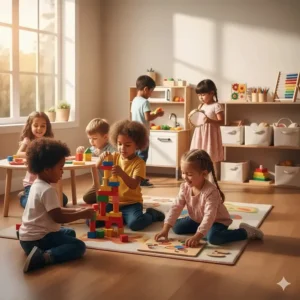 A diverse group of children playing with various educational kindergarten toys in a bright, modern classroom setting.
