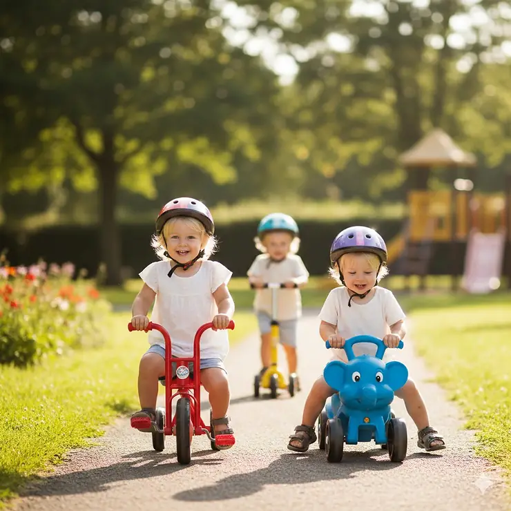 A group of toddlers playing outdoors with various colorful ride on toys for toddlers, including a small tricycle and a plastic push car.