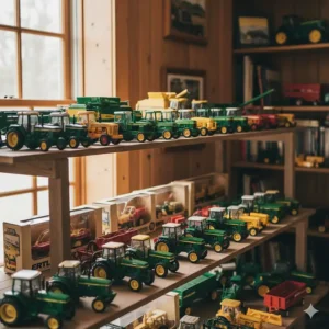Wide shot of the best Ertl farm toys lined up on a shelf, showing a complete collection of different models and brands.