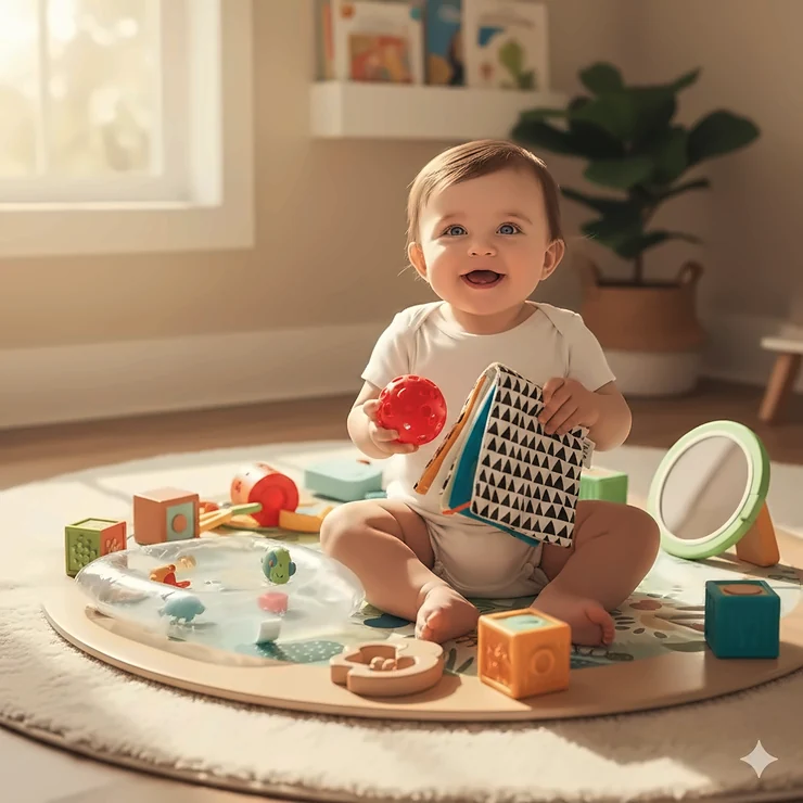 A happy 6-month-old baby playing with a variety of colorful sensory toys for infants on a soft play mat.