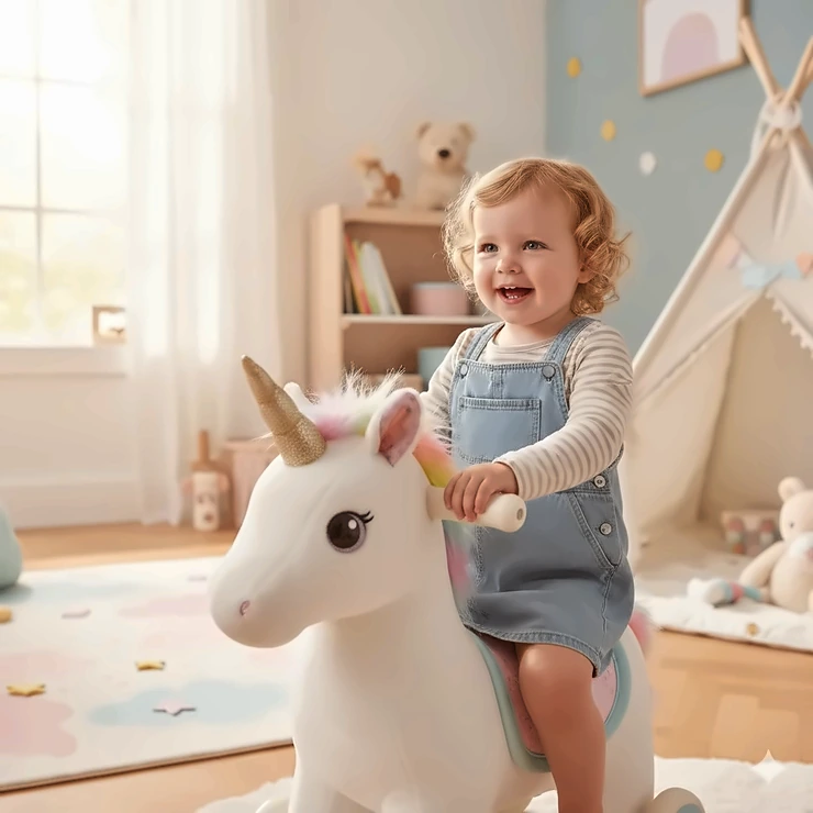 A plush white and pink unicorn ride-on toy with a sparkling gold horn and soft saddle. unicorn ride on toy