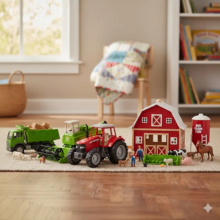 A large, vibrant set of big farm toys including a tractor, combine, and various animals displayed on a wooden floor, perfect for imaginative play.