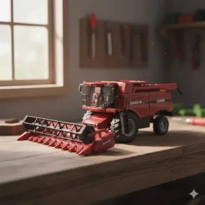 A red Case IH 1/64 scale farm toy combine harvester with the grain head detached, showcasing the authentic collector detail.