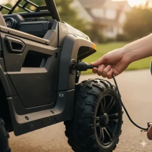A close-up of a 24v ride on toy being plugged into a wall outlet for charging.
