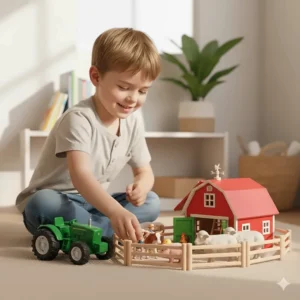 Happy child, around five years old, sitting on a rug and actively playing with a selection of farm toys, demonstrating creative farm roleplay.