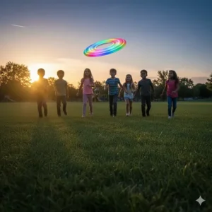 Group of kids playing with a glowing light-up frisbee in a park during dusk.