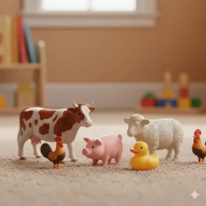 Assortment of classic children's toy farm animals, such as a cow, pig, and sheep, made from safe, non-toxic materials.