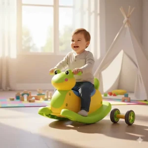 A 2-in-1 convertible ride on toy for toddlers that switches from a stationary rocker to a rolling toy.