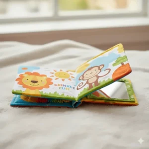 An open cloth book with crinkle pages designed as tactile and sound toys for babies.