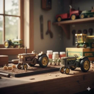 A collection of customized and highly detailed Ertl farm toys, modified by enthusiasts for display purposes.