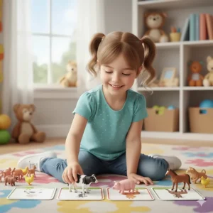A child sorting different types of toy farm animals (mammals and fowl) onto cards, demonstrating their use as an educational tool.