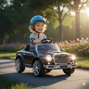 Toddler driving a battery-operated electric ride on toy car with realistic headlights and steering wheel.