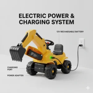 Illustration of the 12V rechargeable battery and charging port on a kids' electric excavator toy.