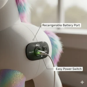 Detailed view of the rechargeable battery port and power switch on an electric unicorn ride-on toy.