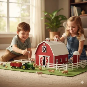 Children playing with a complete farm toy playset by Ertl, including a red barn, toy animals, and small accessories.