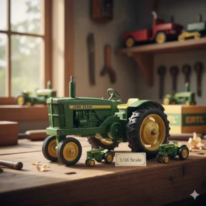 Photo comparing the size difference between a 1/16 scale and a 1/64 scale Ertl farm toy tractor model.