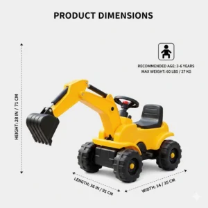 A diagram showing the height, length, and width of the excavator ride on toy for age compatibility.