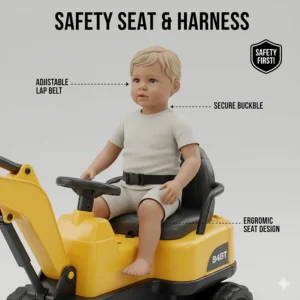 Illustration of the ergonomic seat and adjustable safety belt on a toddler ride on excavator.