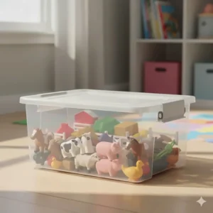A clear plastic box neatly organized with various toy farm animals, illustrating convenient storage and clean-up.