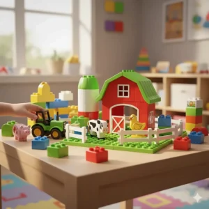 A colorful building blocks set designed to build a farm, combining construction play with farm toys.