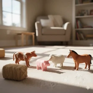 A group of realistic animal figures from the toy farm set, including a cow, pig, sheep, and horse, made from durable, child-safe plastic.